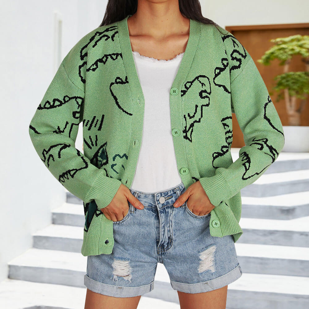 Damen Strickjacke Gemustert Dinosaurier Motiv Norvielle - Norvielle
