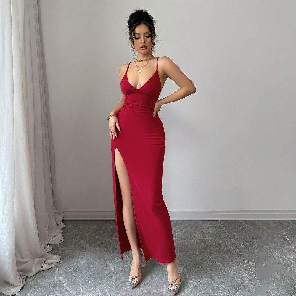 Damen Maxikleid V-Ausschnitt Hochschlitz Norvielle