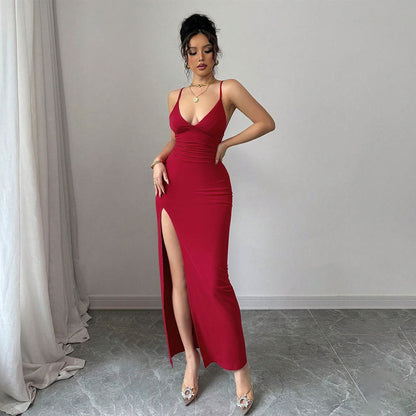 Damen Maxikleid V-Ausschnitt Hochschlitz Norvielle