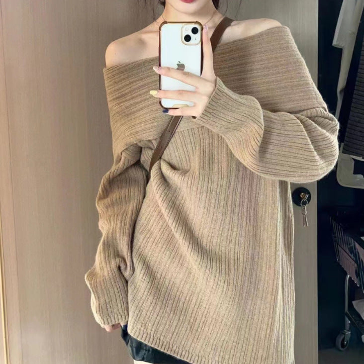 Damen Oversized Pullover Off-Shoulder Rippstruktur Beige - Norvielle