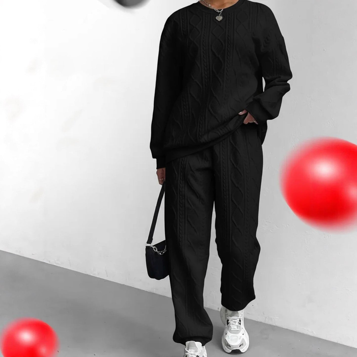 Damen Strick-Loungewear-Set mit Zopfmuster Weit Schnitt