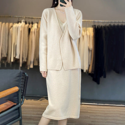 Damen Strickensemble V-Ausschnitt Asymmetrisch Norvielle