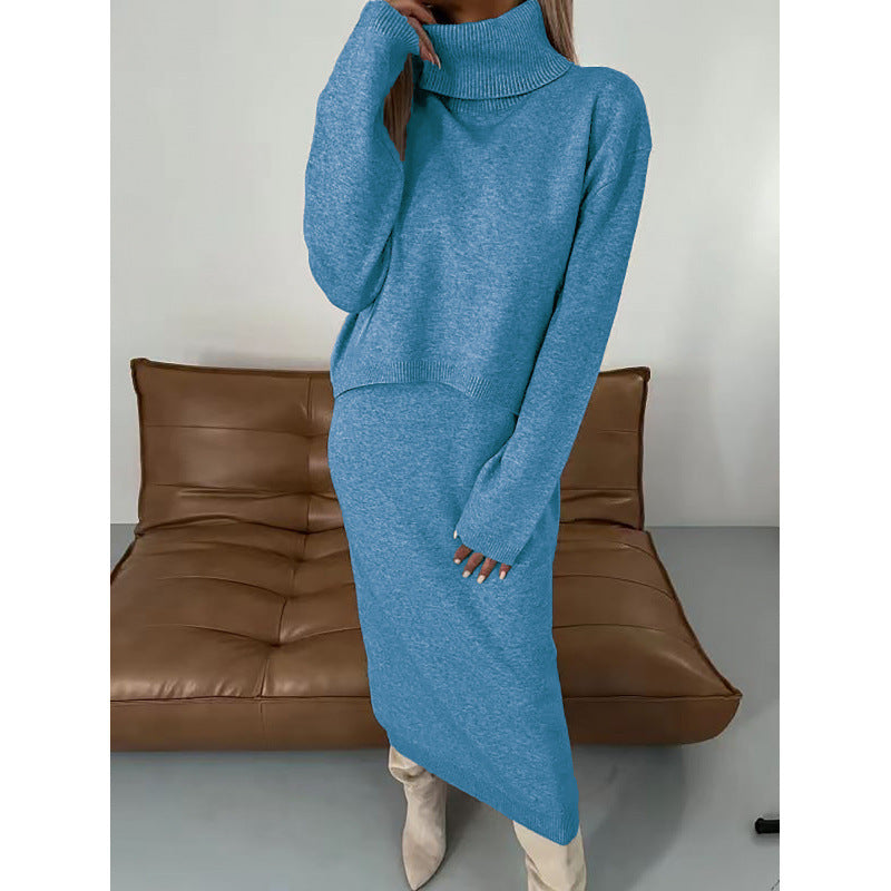 Damen Strick Zweiteiler Rollkragen Pullover Midikleid