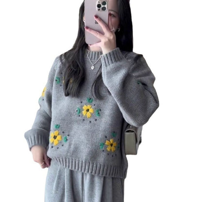 Damen Strickpullover Florale Applikationen Norvielle