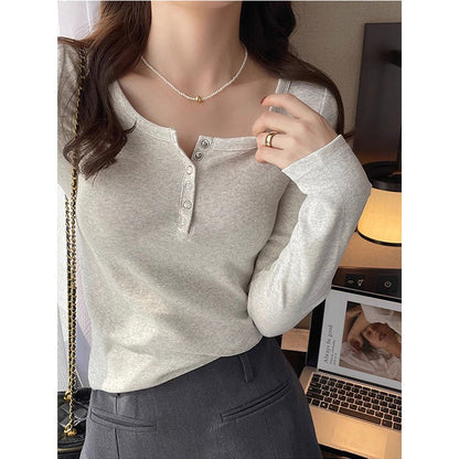Damen Langarmshirt Knopfleiste Rippstruktur Weiß