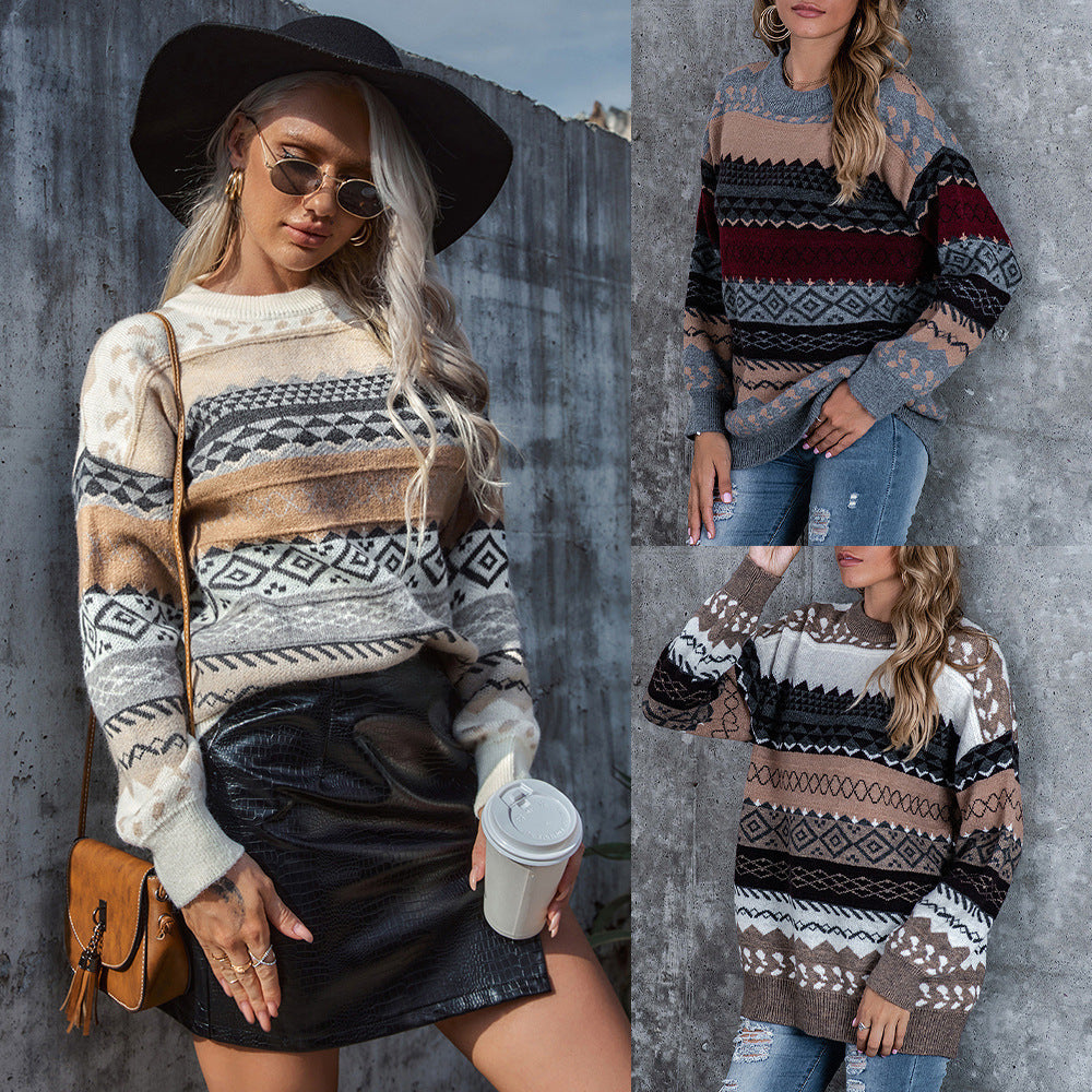 Damen Grobstrickpullover Geometrisches Muster Weiter Schnitt Norvielle - Norvielle