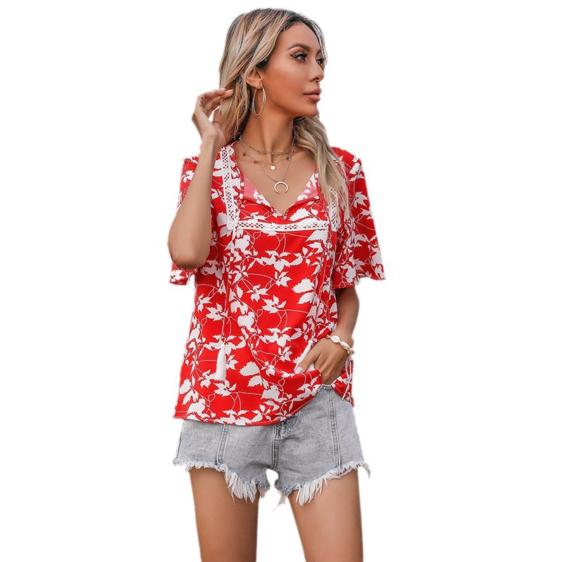 Damen Bluse Floralmuster V-Ausschnitt Elegante Bluse
