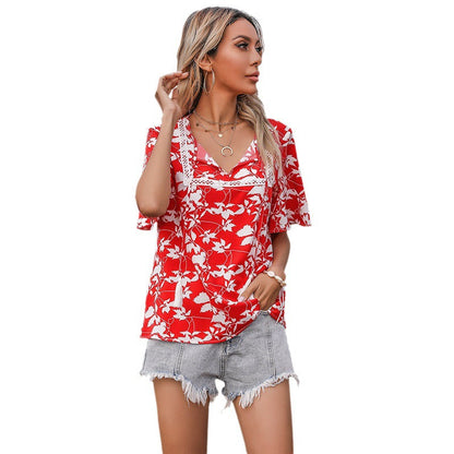 Damen Bluse Floralmuster V-Ausschnitt Elegante Bluse