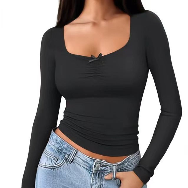Damen Langarmshirt Quadratischer Ausschnitt Raffiniert Grau