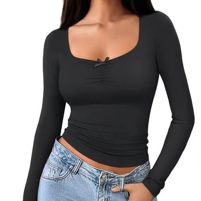 Damen Langarmshirt Quadratischer Ausschnitt Raffiniert Grau