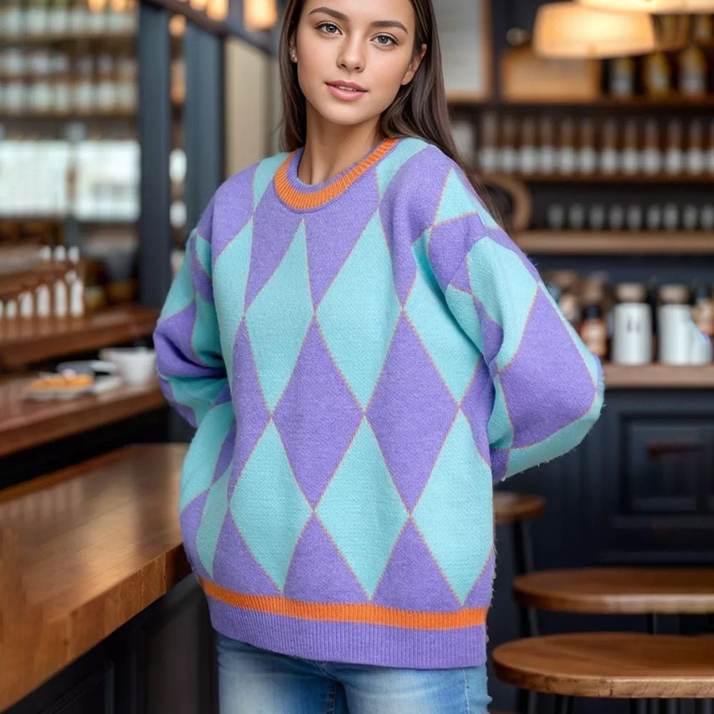 Damen Pullover Rautenmuster Minimalistisch Groß Norvielle - Norvielle