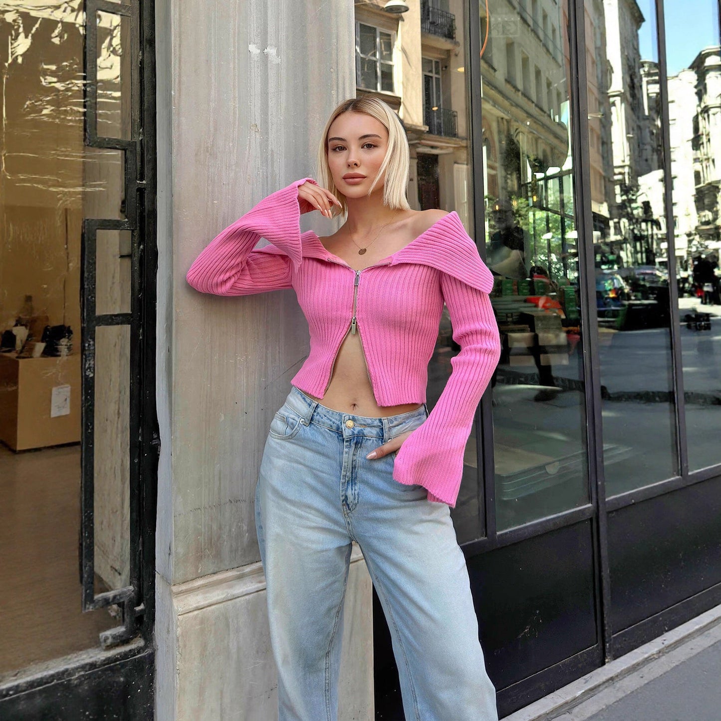 Damen Strickjacke Weites Ärmeldesign Reißverschluss Norvielle