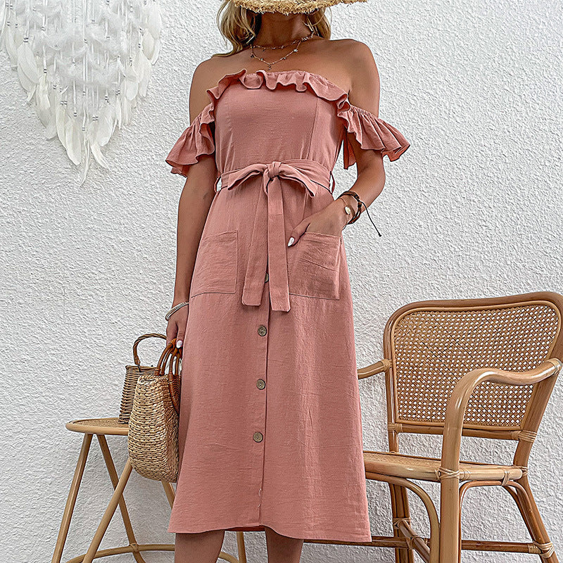 Damen Off-Shoulder Midi-Kleid Rüschendetails Bindegürtel - Norvielle