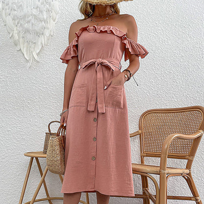 Damen Off-Shoulder Midi-Kleid Rüschendetails Bindegürtel - Norvielle