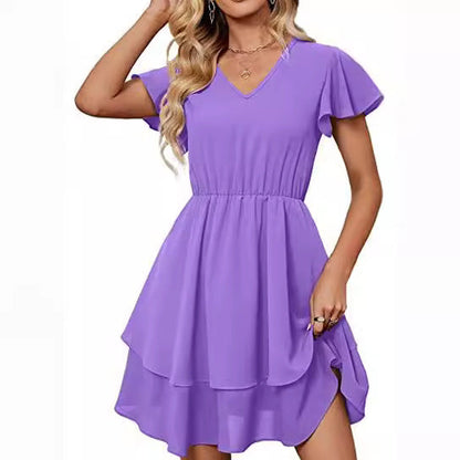 Damen Freizeitkleid Fließender Rock Rüschenärmel Norvielle