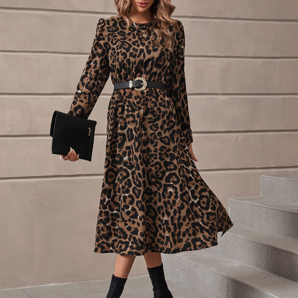 Damen Maxikleid Leopardenmuster Puffärmel Schwarz - Norvielle