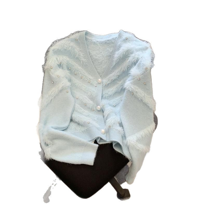 Damen Flauschiger Cardigan mit Perlen