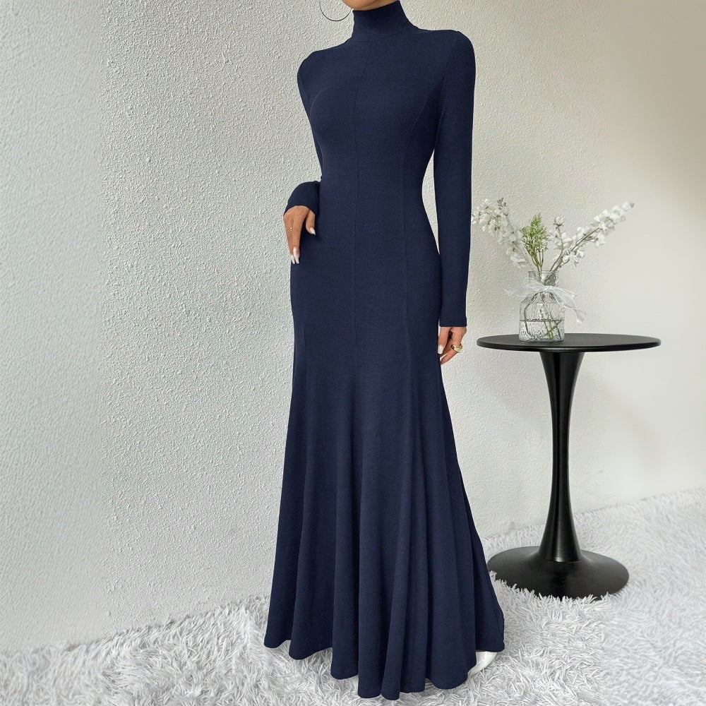 Damen Maxi-Kleid Langarm Hochkragen Schwingender Saum Norvielle