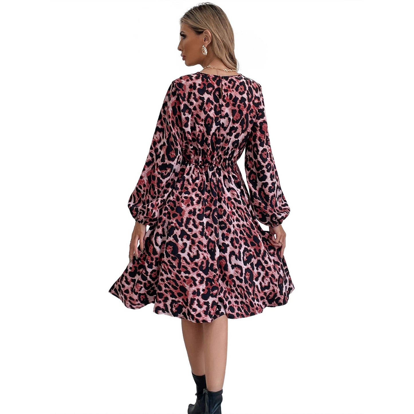 Damen Maxikleid Leopardenmuster Volantärmel Taillierung