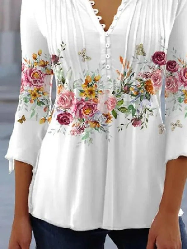 Damen Bluse Floralmuster Knöpfe Norvielle