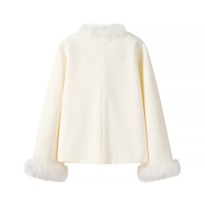 Damen Kurzjacke Kunstfellkragen Knopfdetails