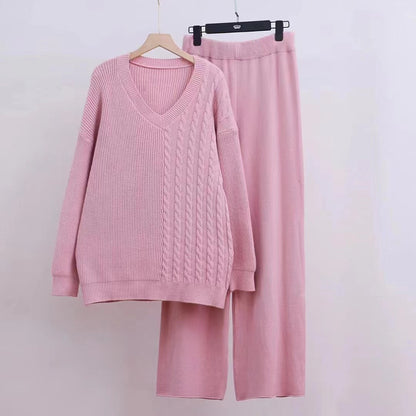 Damen Feinstrickpullover und weite Hose mit V-Ausschnitt und