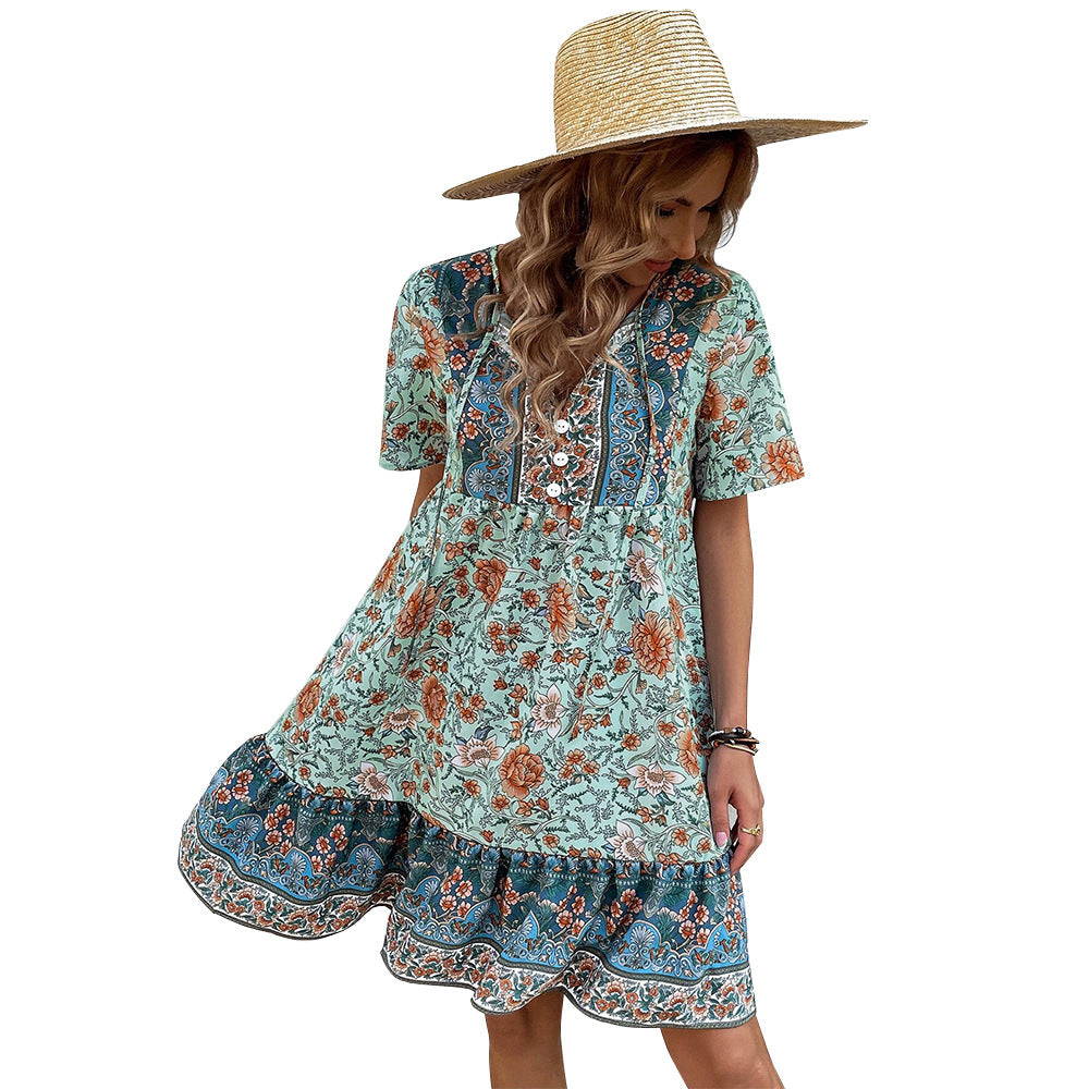 Damen Blumenkleid Sommer Rüschensaum Knöpfe Norvielle