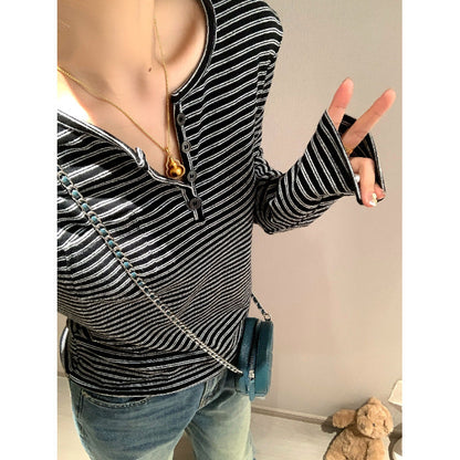 Damen Langarmshirt Streifenmuster Knopfdesign Weiß