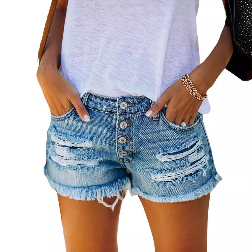 Damen Destroyed Denim Shorts mit Fransen Lässig