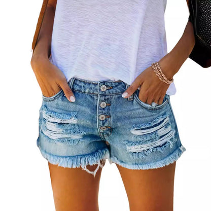Damen Destroyed Denim Shorts mit Fransen Lässig