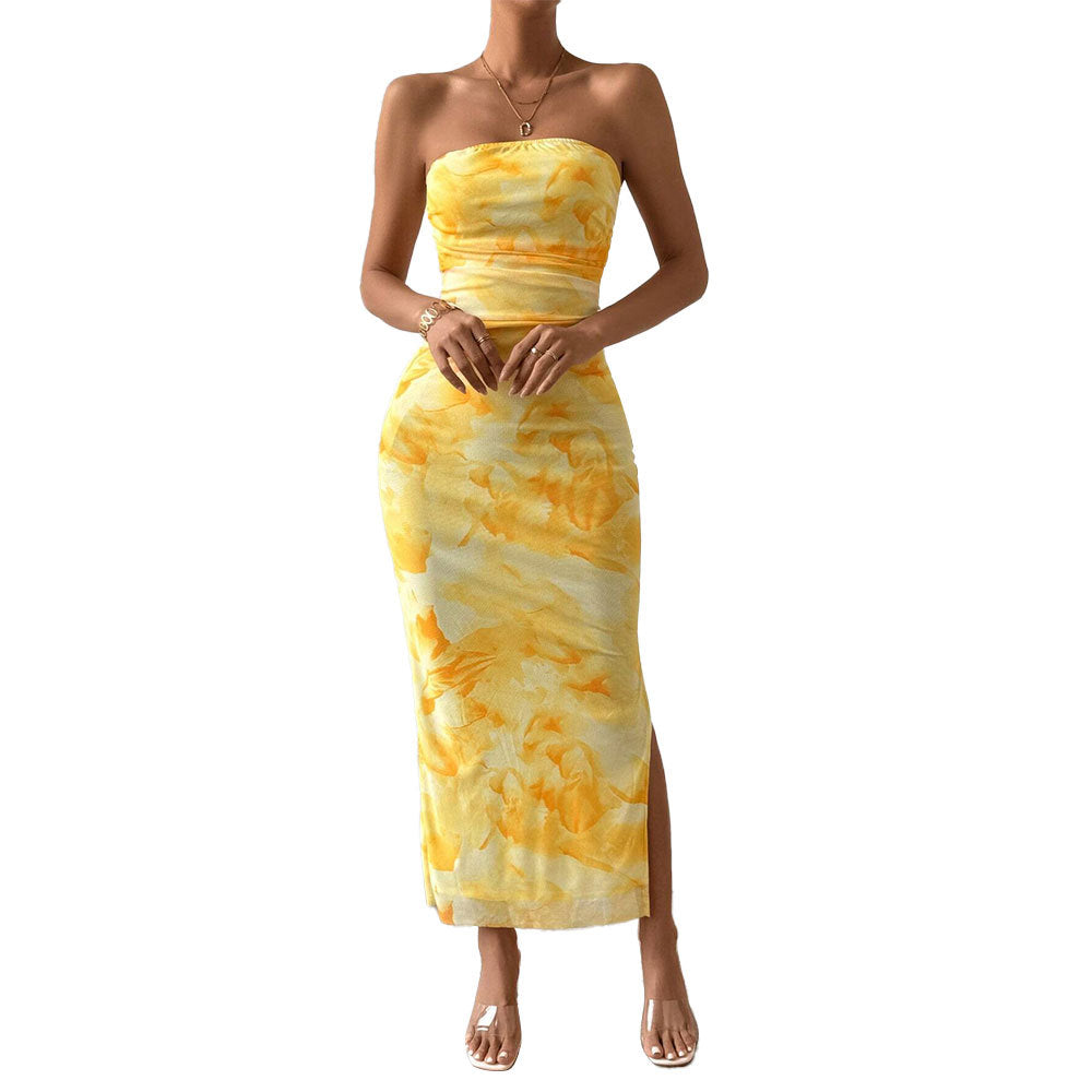 Damen Maxikleid Lang Hülsenform Bandeau-Ausschnitt Hochschlitz
