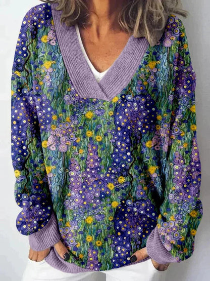 Damen Pullover V-Ausschnitt Floralmuster Lässig Norvielle