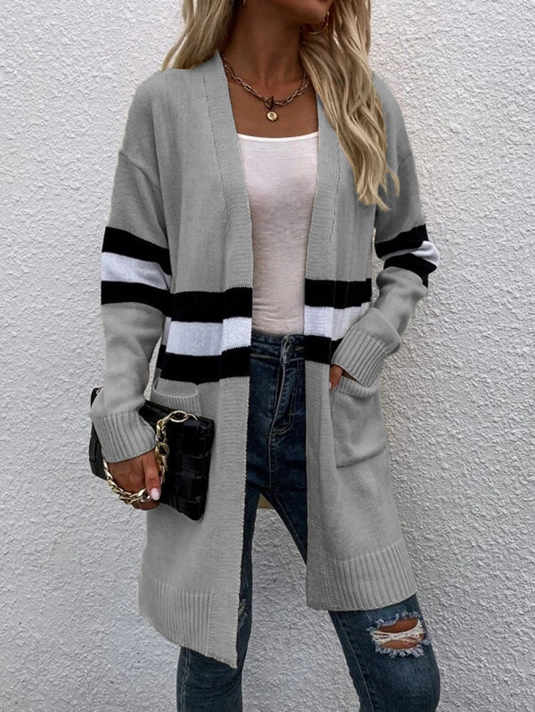 Damen Grobstrick Cardigan Lässige Streifen Tiefen Taschen Beige