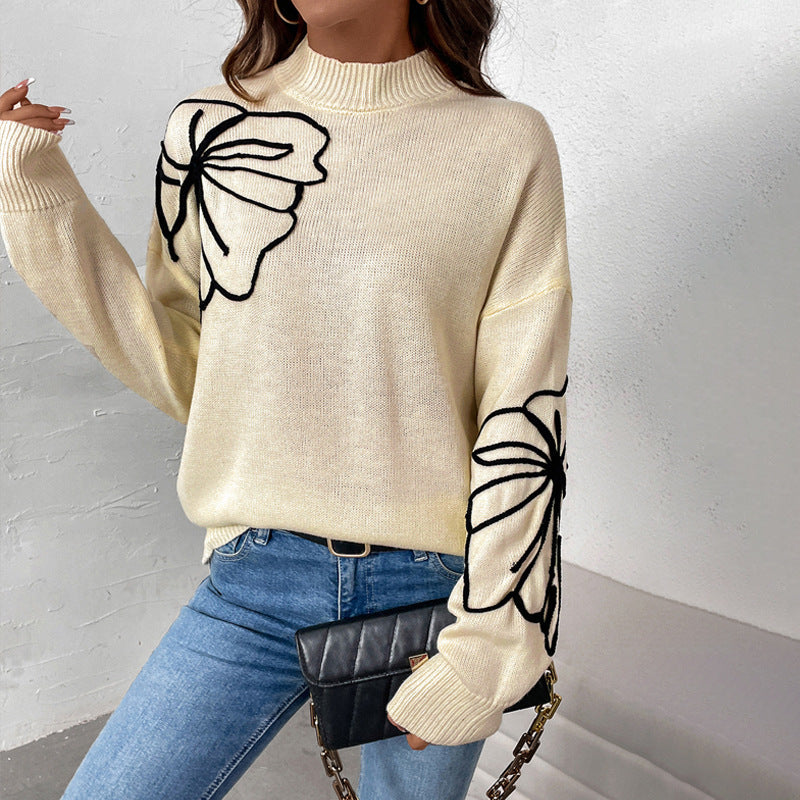 Damen Strickpullover Florales Design Hochkragen
