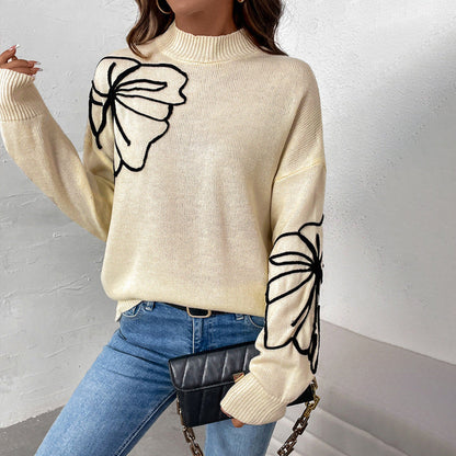 Damen Strickpullover Florales Design Hochkragen