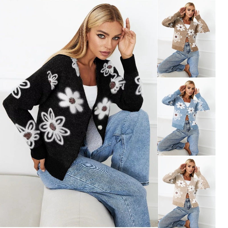 Damen Strickjacke Floralmuster Knöpfe Beige - Norvielle