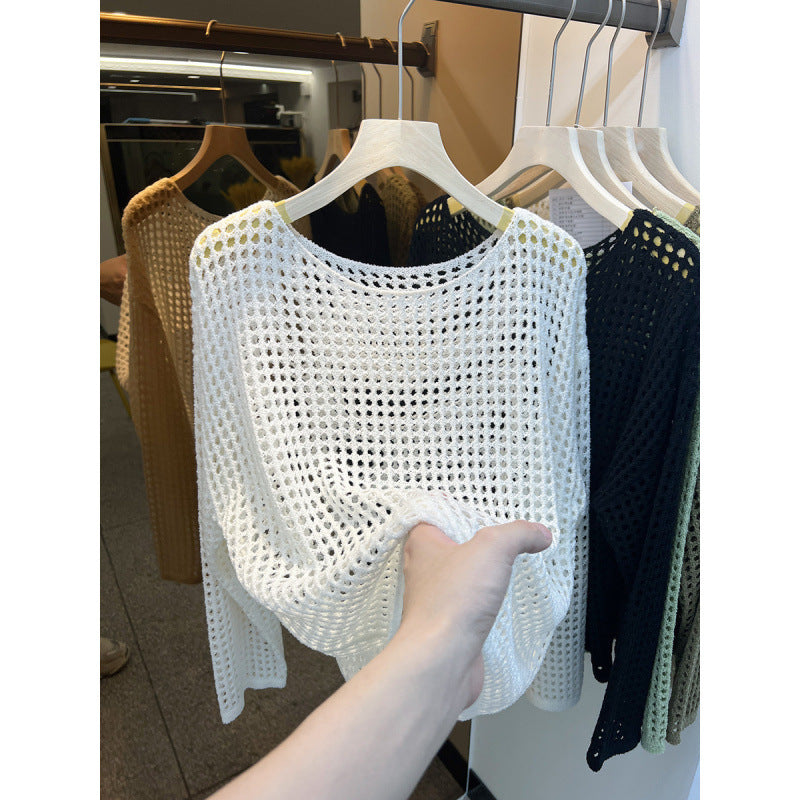 Damen Strickpullover Grobmasches Netzdesign Beige