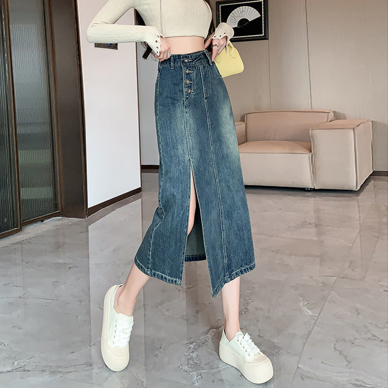 Damen Denim-Rock Lang Mit Frontschlitz