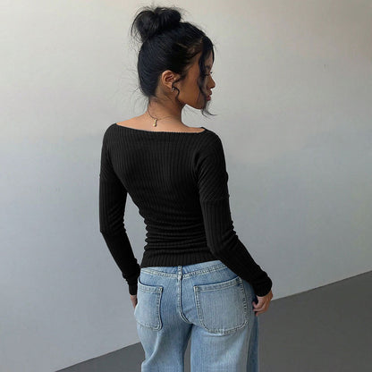 Damen Langarmshirt Schulterfrei Elegante Raffung Norvielle