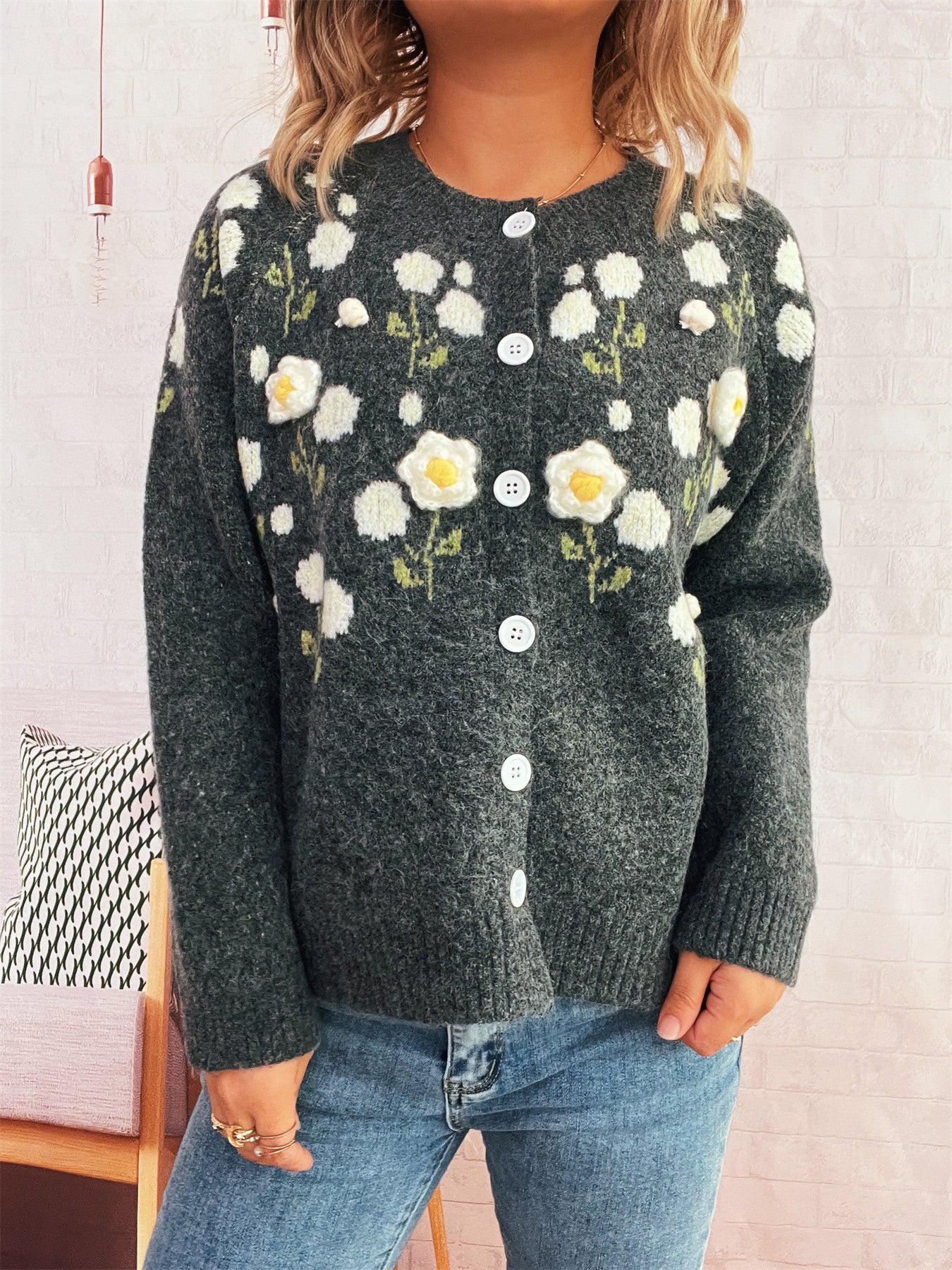Damen Strickjacke Florale Applikationen Knopfverschluss