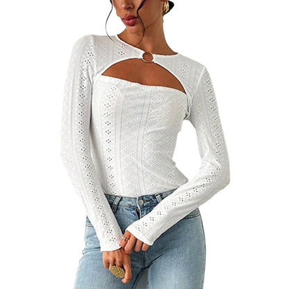 Damen Langarmshirt Baumwolle Dekorativ Cut-Out-Details Weiß