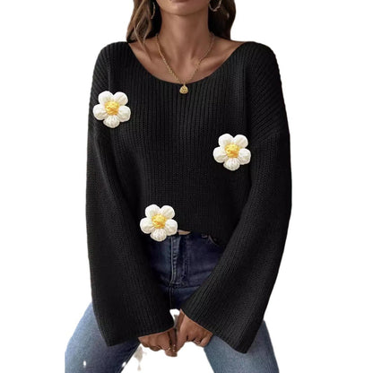 Damen Strickpullover Florales 3D-Design Weite Ärmel Norvielle