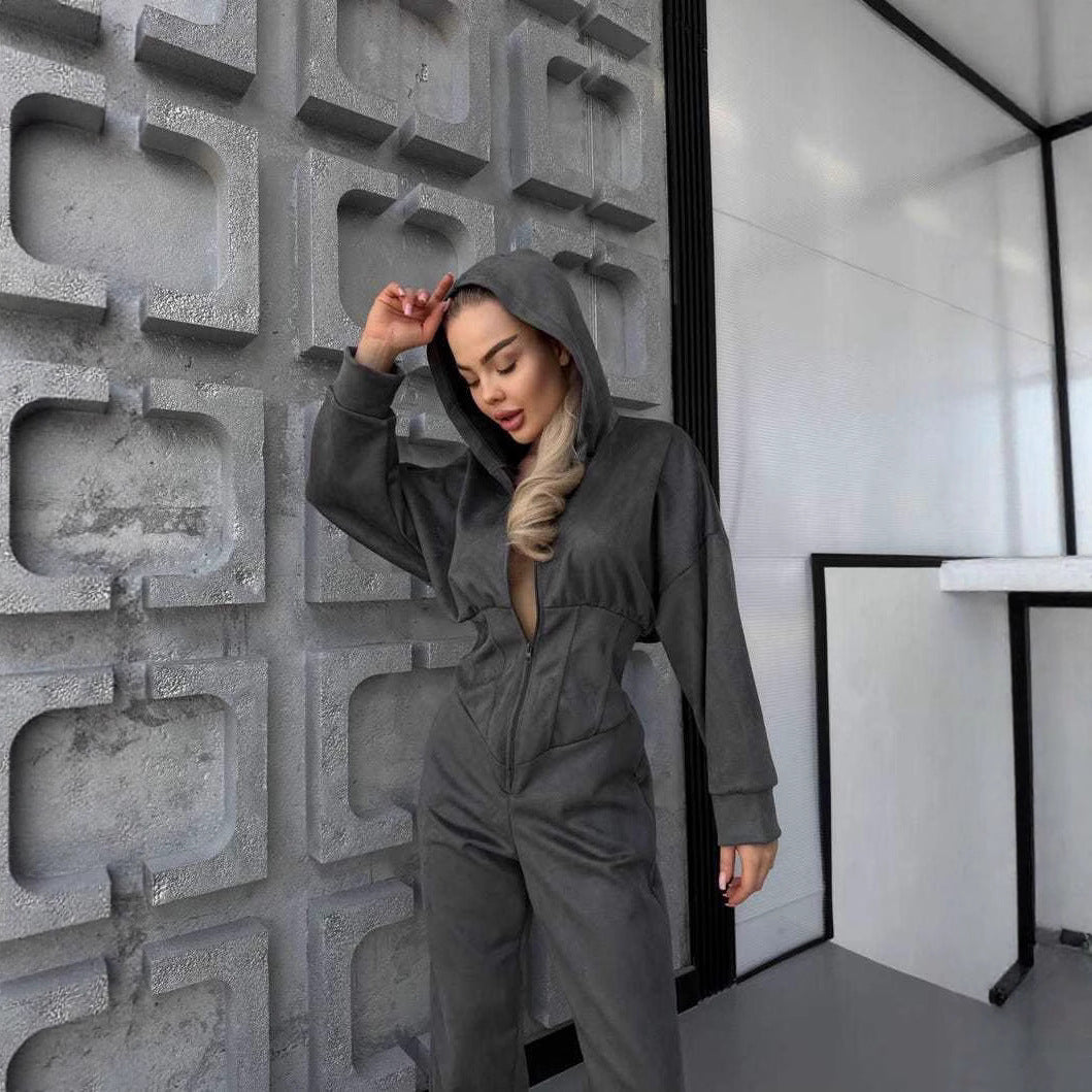 Damen Jumpsuit mit tiefem Ausschnitt und Kapuze
