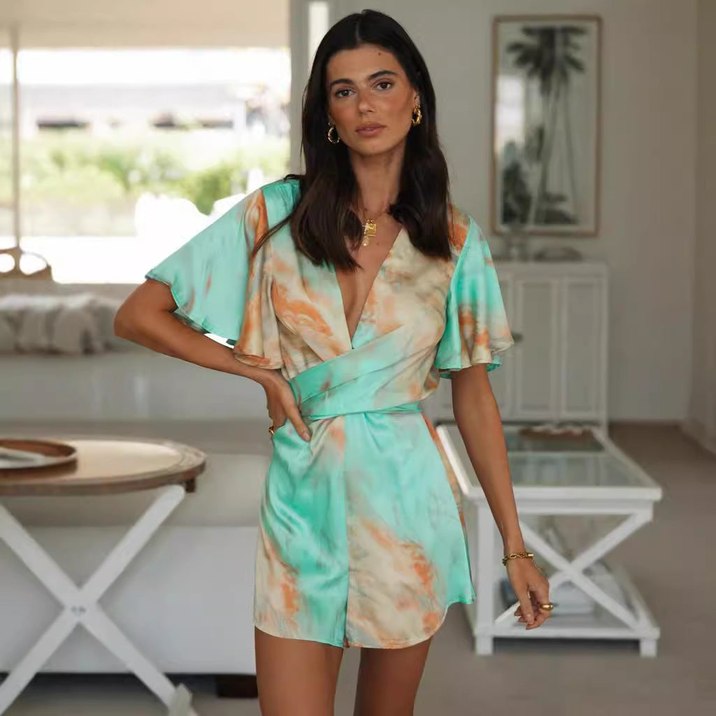 Damen Wickeljumpsuit V-Ausschnitt Voluminöse Ärmel Norvielle