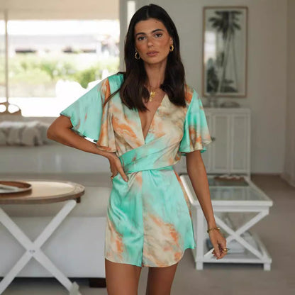 Damen Wickeljumpsuit V-Ausschnitt Voluminöse Ärmel Norvielle