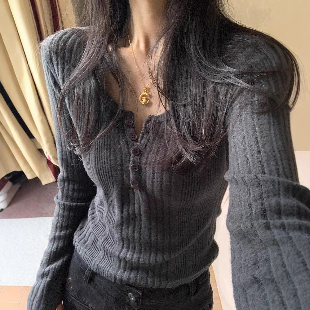 Damen Langarm-Pullover Figurbetont Mit Knöpfen Norvielle - Norvielle