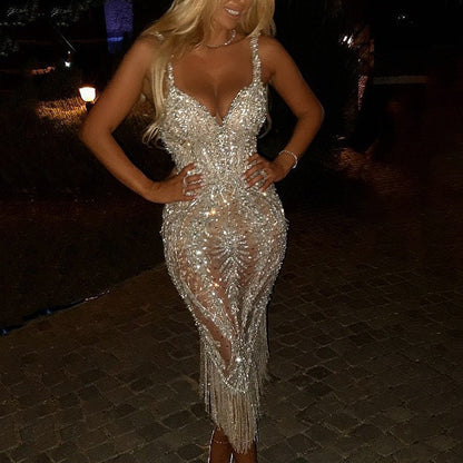 Damen Pailletten-Cocktailkleid mit Fransen V-Ausschnitt