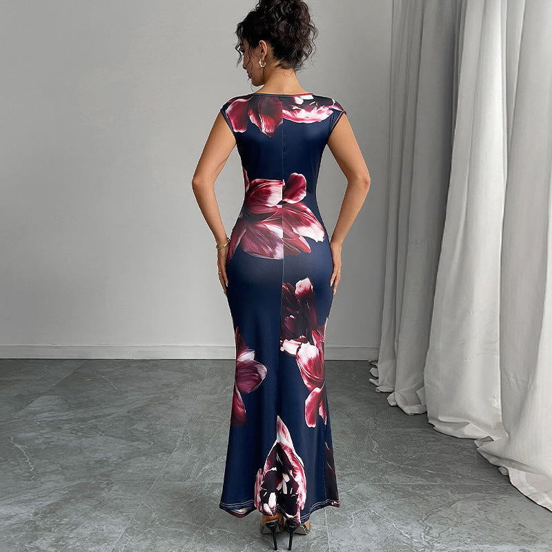 Damen Maxikleid Florales Design Figurformend