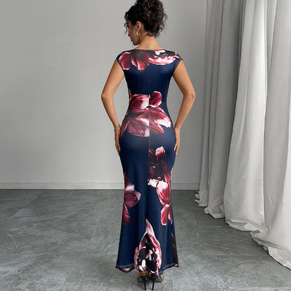Damen Maxikleid Florales Design Figurformend