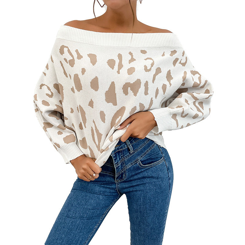 Damen Pullover Off-Shoulder Leopardenmuster Norvielle